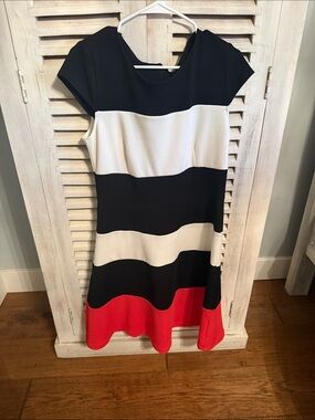 R&K Black, White & Orange Striped Fit-and-Flare Dress